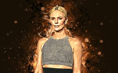 Charlize Theron, 4k, brown neon lights, Hollywood, american celebrity, movie stars, beauty, fan art, american actress, superstars, Charlize Theron 4K