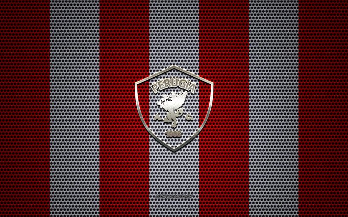 AC Perugia Calcio logo, Italian football club, metal emblem, red and white metal mesh background, AC Perugia Calcio, Serie B, Perugia, Italy, football