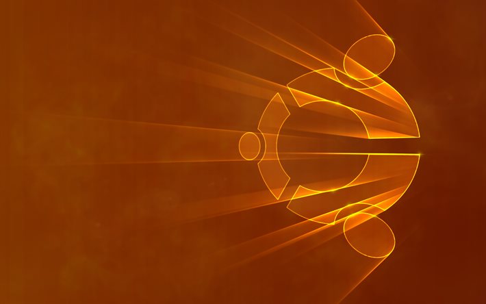 Ubuntu orange logo, 4k, orange abstract background, Linux, creative, Ubuntu, neon rays, artwork, Ubuntu logo