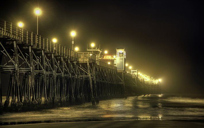 oceanside strand, br&#252;cke, abend, nebel, meer, strand, k&#252;ste, kalifornien, usa