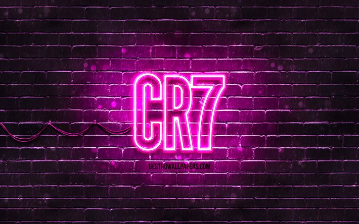 CR7 violette logo, 4k, violet brickwall, Cristiano Ronaldo, fan art, CR7 logo, les stars du football, CR7 n&#233;on logo, CR7, Cristiano Ronaldo logo