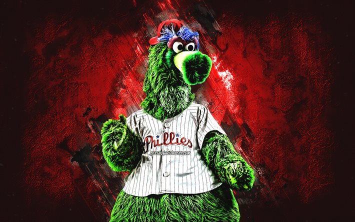 Phillie Phanatic, la mascota, los Phillies de Filadelfia, MLB, piedra roja de fondo, arte creativo, de la Liga Mayor de B&#233;isbol, los Phillies de Filadelfia mascota oficial