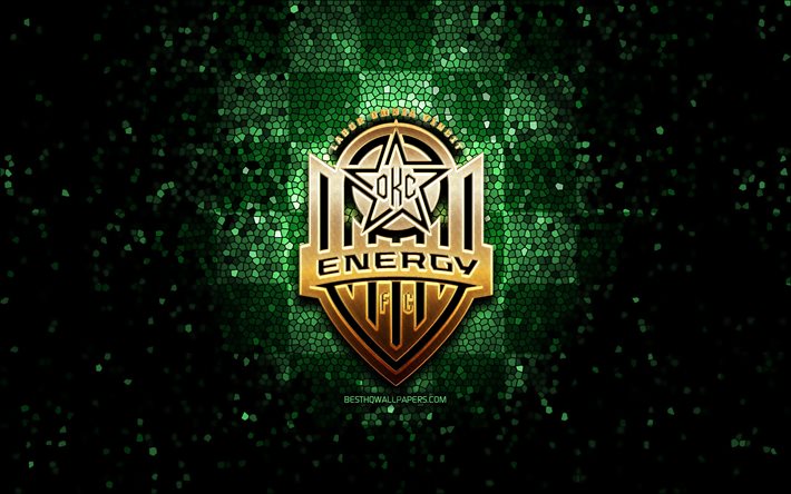 Oklahoma City Energy FC, glitter logo, USL, yeşil damalı arka plan, ABD, Amerikan futbol takımı, Oklahoma City Enerji, mozaik sanatı, Oklahoma City Enerji logo, futbol, Amerika
