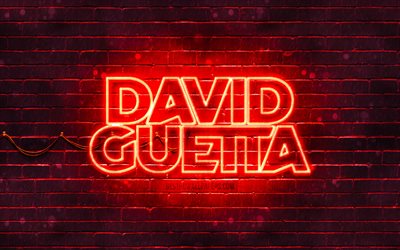 David Guetta red logo, 4k, superstars, french DJs, red brickwall, David Guetta logo, Pierre David Guetta, David Guetta, music stars, David Guetta neon logo