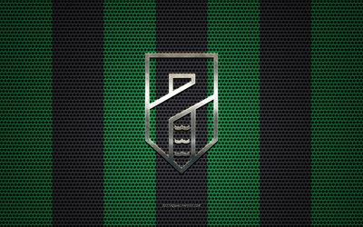 Pordenone Calcio logo, Italian football club, metal emblem, green-black metal mesh background, Pordenone Calcio, Serie B, Pordenone, Italy, football