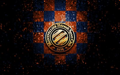 Montpellier FC, glitter logo, Ligue 1, orange blue checkered background, soccer, Montpellier HSC, french football club, Montpellier logo, mosaic art, football, France