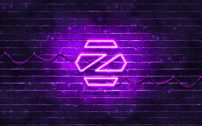 Zorin OS violetti logo, 4k, violetti brickwall, Zorin OS logo, Linux, Zorin OS neon-logo, Zorin OS