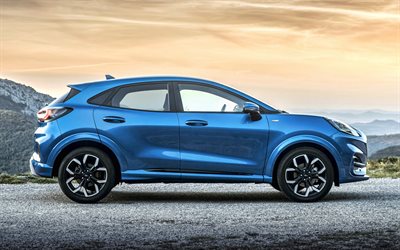 Ford Puma, 2020, side view, exterior, blue compact crossover, new blue Puma, american cars, Ford