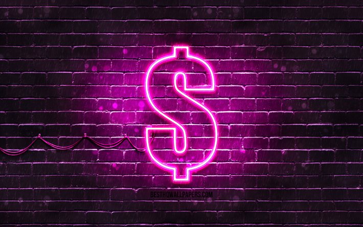 ドル紫の看板, 4k, 紫brickwall, ドル記号, 通貨の看板, ドルネオンサイン, ドル