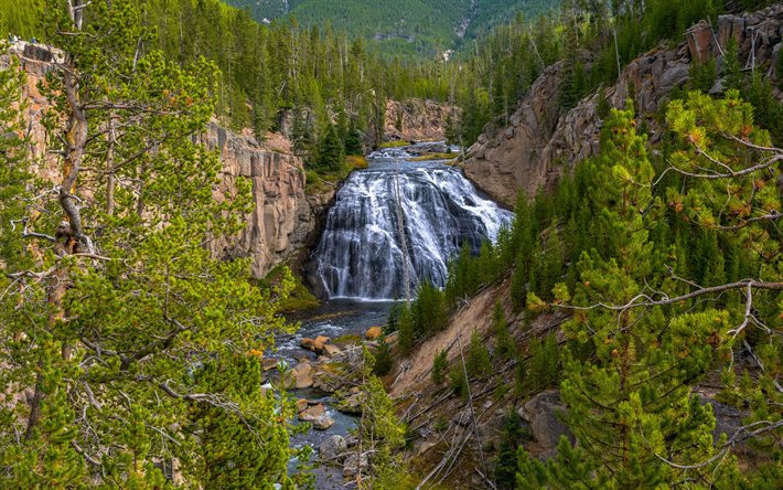 beautiful waterfall, rocks, forest, green trees, mountain river, USA