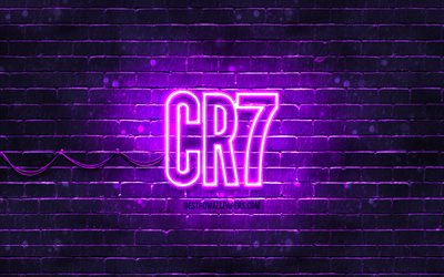 CR7 violet logo, 4k, violet brickwall, Cristiano Ronaldo, fan art, CR7 logo, football stars, CR7 neon logo, CR7, Cristiano Ronaldo logo