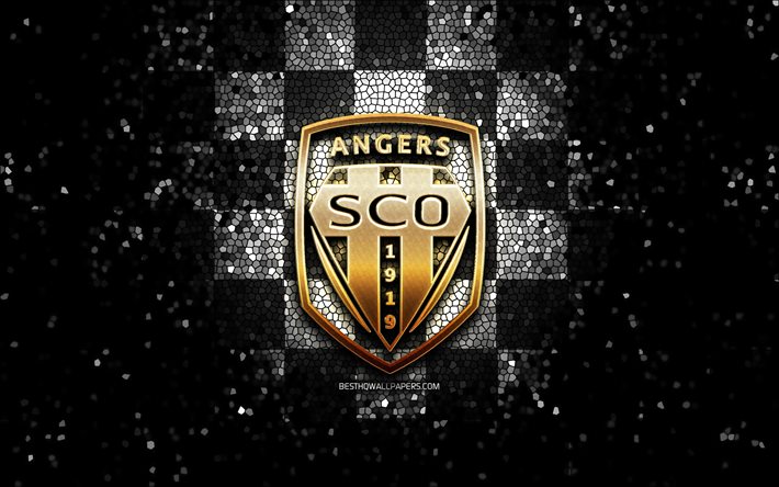 Angers FC, glitter logo, Ligue 1, white black checkered background, soccer, Angers SCO, french football club, Angers SCO logo, mosaic art, football, France