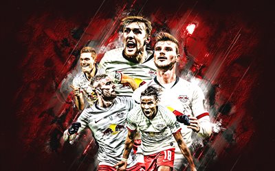 RB Leipzig, German football club, RasenBallsport Leipzig, RB Leipzig players, red stone background, Bundesliga, football, Timo Werner, Christopher Nkunku
