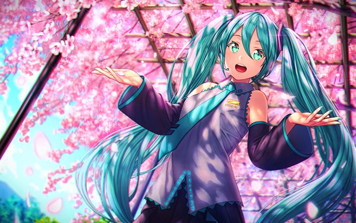 Hatsune Miku, sakura en flor, abstracto, arte, personajes de Vocaloid, el manga, la primavera, Vocaloid, Hatsune Miku Vocaloid
