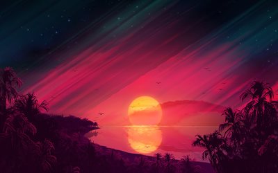 abstract sunset, 4k, sea, sun, palms, beach, abstract nature backgrounds, summer, abstract landscapes, 3D landscapes