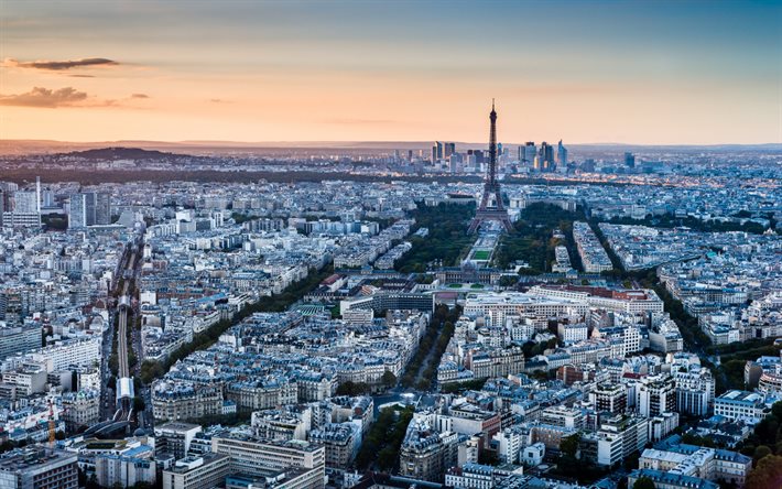 Paris, Eiffeltornet, kv&#228;ll, sunset, stadsbilden, Paris skyline, Paris stadsbild, Frankrike