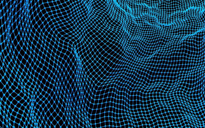 azul de malha 3d textura, malha em um plano de fundo preto, geom&#233;tricas textura, rede blue, Textura 3d, fundo com azul de malha