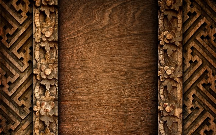 carved wood patterns, 4k, macro, wooden textures, ornamental wooden background, wood ornaments, wooden backgrounds