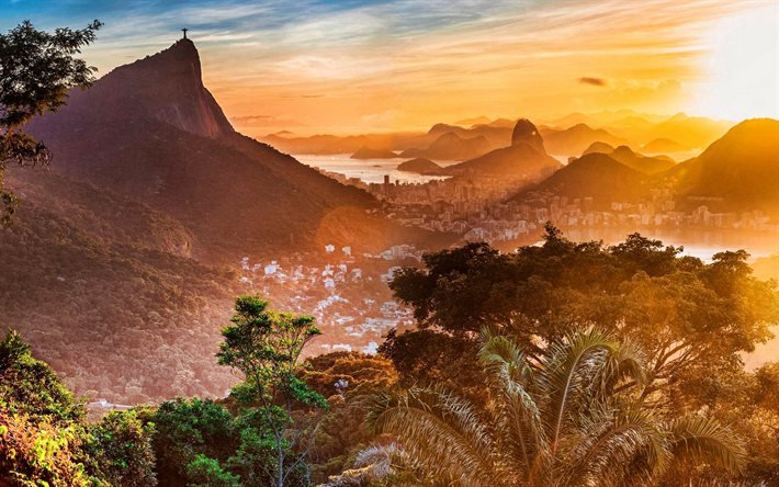 Rio De Janeiro, Corcovado mountain, morning, sunrise, statue of Jesus Christ, Christ the Redeemer, coast, Rio De Janeiro cityscape, Rio De Janeiro skyline, Brazil