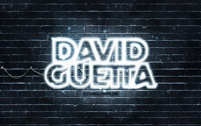 David Guetta valkoinen logo, 4k, supert&#228;hti&#228;, ranskalainen Dj, valkoinen brickwall, David Guetta-logo, Pierre David Guetta, David Guetta, musiikin t&#228;hdet, David Guetta neon-logo