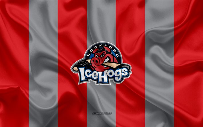 Rockford IceHogs, American Hockey Club, emblem, silk flag, red-gray silk texture, AHL, Rockford IceHogs logo, Rockford, Illinois, USA, hockey, American Hockey League