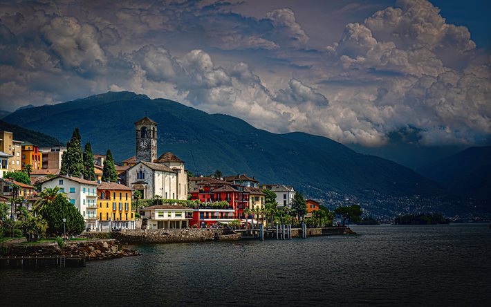 Brissago, 4K, Lake Lugano, İsvi&#231;re şehirler, g&#252;zel bir doğa, Alpler, HDR, İsvi&#231;re, Avrupa