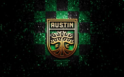 Austin FC, glitter, logo, USL, verde, nero, sfondo a scacchi, stati UNITI, americano, squadra di calcio, FC, Austin, United Soccer League, Austin FC logo, mosaico, arte, calcio, America