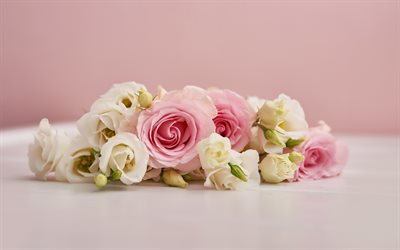 rosas cor-de-rosa, decoração floral, rosas brancas, rosas decoração, fundo rosa, rosas, lindas flores, buquê de rosas
