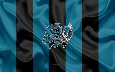 San Jose Barracuda, American Hockey Club, emblem, silk flag, blue-black silk texture, AHL, San Jose Barracuda logo, San Jose, California, USA, hockey, American Hockey League