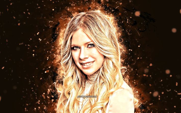 Avril Lavigne, 4k, canadian singer, music stars, creative, brown neon lights, canadian celebrity, Avril Ramona Lavigne, superstars, beauty, Avril Lavigne 4K