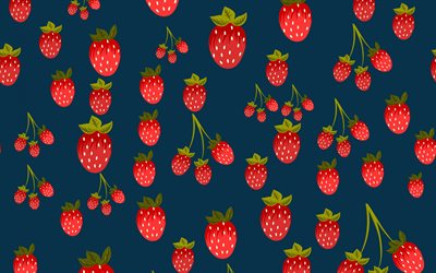 erdbeer-textur, blauer hintergrund mit erdbeeren, retro strawberry textur, beeren, textur -, erdbeer hintergrund