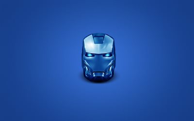 Blue Iron Man Helmet, minimal, superheroes, Iron Man, blue background, Iron Man Helmet