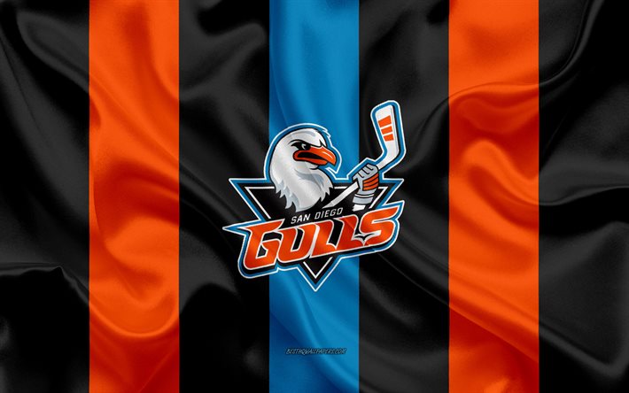 San Diego Gulls, American Hockey Club, emblem, silk flag, black and orange silk texture, AHL, San Diego Gulls logo, San Diego, California, USA, hockey, American Hockey League
