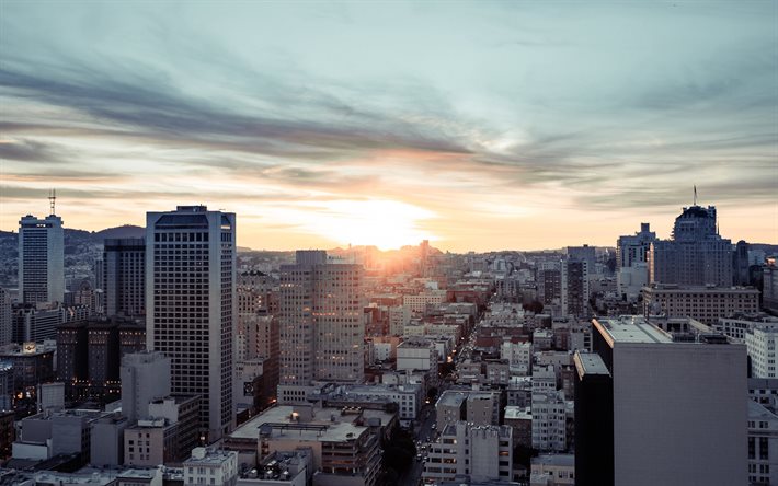 San Francisco, puesta de sol, noche, rascacielos, edificios modernos, horizonte de San Francisco, California, estados UNIDOS