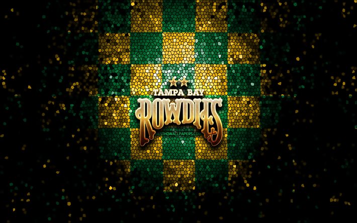 Tampa Bay Rowdies FC, glitter logotipo, USL, verde amarelo fundo quadriculado, EUA, time de futebol americano, Tampa Bay Rowdies, United Soccer League, Tampa Bay Rowdies logotipo, arte em mosaico, futebol, Am&#233;rica