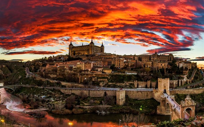 Toledo, coucher de soleil, les villes espagnoles, une rivi&#232;re, un soir, l&#39;Espagne, l&#39;Europe, Tol&#232;de en soir&#233;e