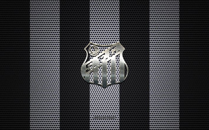 Santos FC logo, Brezilyalı Futbol Kul&#252;b&#252;, metal amblem, siyah ve beyaz metal kafes arka plan, Santos FC, Serie, Sao Paulo, Brezilya, futbol