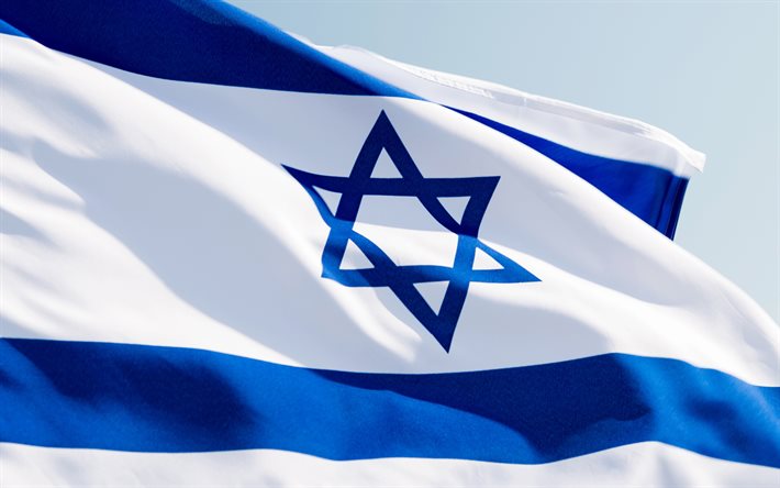 Israelenses tecido bandeira, 4k, c&#233;u azul, &#193;sia, s&#237;mbolos nacionais, Bandeira de Israel, mastro, Israel, Bandeira de israel, Pa&#237;ses asi&#225;ticos