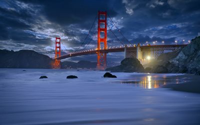 San Francisco, Golden Gate Bridge, Marshall Beach, evening, sunset, beautiful bridge, landmark, California, USA