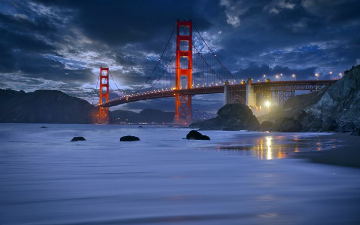 San Francisco, Ponte De Port&#227;o Dourada, Marshall Praia, noite, p&#244;r do sol, bela ponte, marco, Calif&#243;rnia, EUA