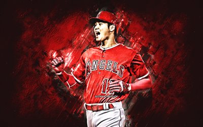 Shohei Ohtani, Los Angeles Angels, MLB, Japanese baseball player, portrait, red stone background, USA, baseball, Major League Baseball