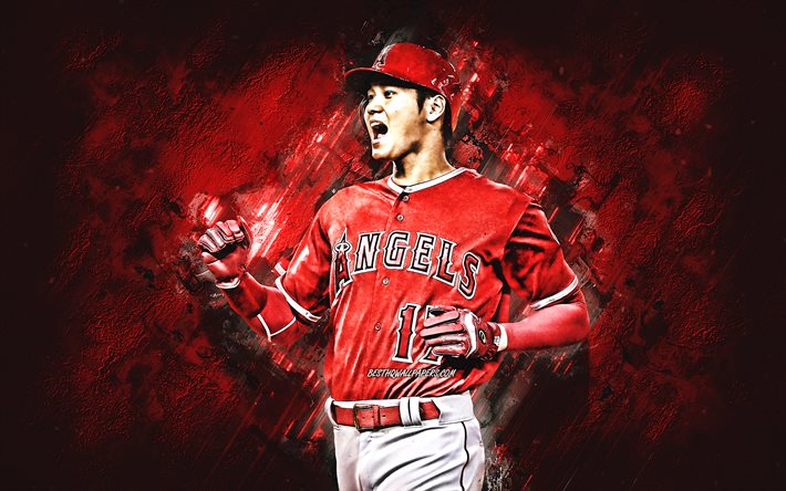 Shohei Ohtani, Los Angeles Angels, MLB, Japonais, joueur de baseball, portrait, rouge, pierre fond, etats-unis, le baseball, Ligue Majeure de Baseball