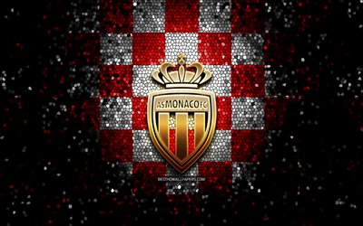 AS Monaco, glitter logo, Ligue 1, red white checkered background, soccer, Monaco FC, french football club, AS Monaco logo, mosaic art, football, France