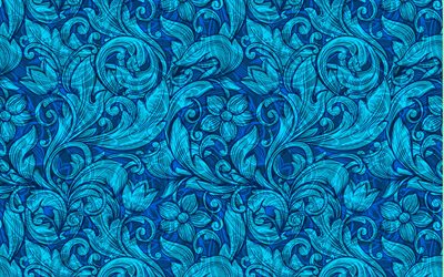 azul padr&#227;o floral textura, ornamentos florais textura, azul floral de fundo, folhas azuis ornamento, retro azul textura, flores azuis textura