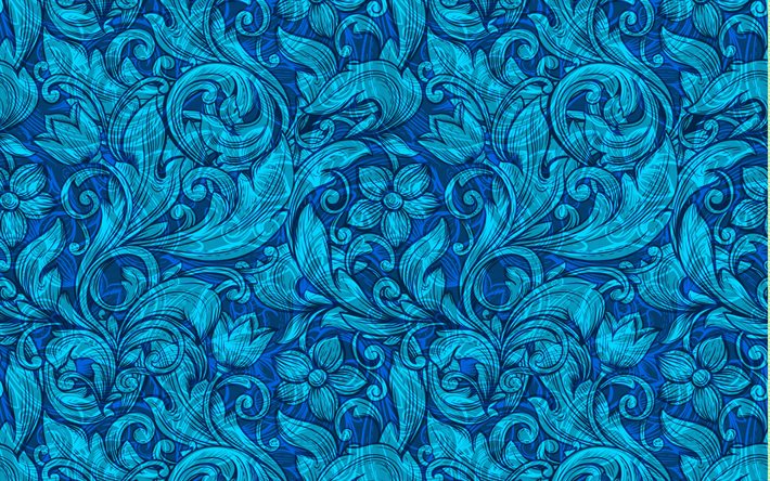 sininen kukka kuvio, tekstuuri, kukka koriste tekstuuri, sininen kukka tausta, sininen ornamentti lehdet, retro sininen tekstuuri, sininen kukka rakenne