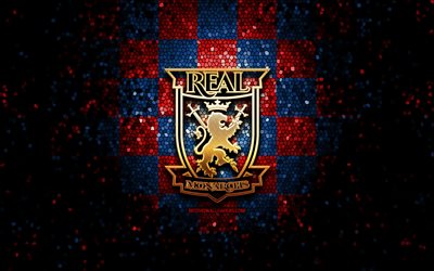 Real Monarchs FC, glitter logo, USL, red blue checkered background, USA, american soccer team, Real Monarchs, United Soccer League, Real Monarchs logo, mosaic art, soccer, football, America
