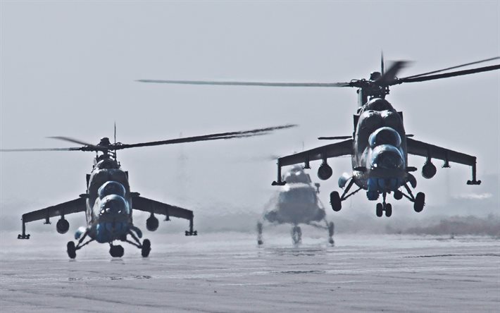 Mi-24, Rus Hava Kuvvetleri, iki helikopter, Rus askeri helikopter, Arka, Mil Mi-24, havaalanı, Mil Helikopterleri, Rus Ordusu