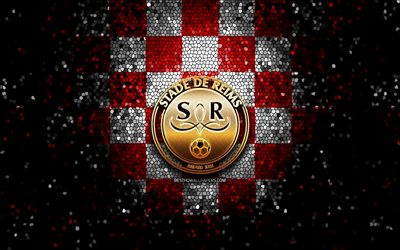 Stade de Reims FC, glitter-logo, League 1, punainen valkoinen ruudullinen tausta, jalkapallo, Stade de Reims, ranskan football club, Stade de Reims logo, mosaiikki taidetta, Ranska