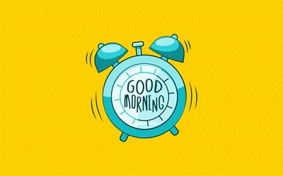 God Morgon, bl&#229; v&#228;ckarklocka, 4k, gul prickig bakgrund, god morgon &#246;nskar, kreativa, god morgon begrepp, minimalism, god morgon med klocka