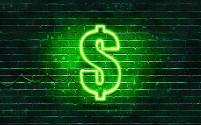 Dollar green sign, 4k, green brickwall, Dollar sign, currency signs, Dollar neon sign, Dollar
